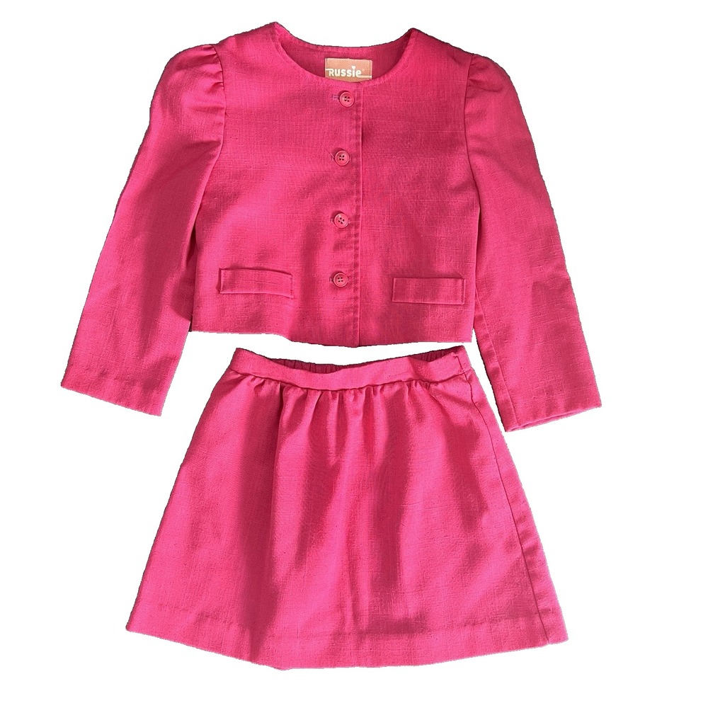 Vintage Girls Skirt Suit Size 5 6 Dark Pink Blazer Linen Russie by Russ Girl
